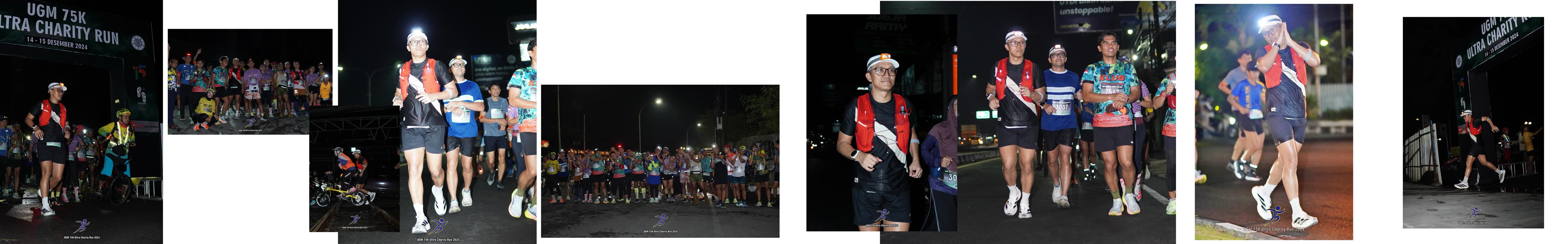 Rangkaian foto UGM 75K Ultra Charity Run: pelari di gerbang start dan rombongan pelari pada malam hari